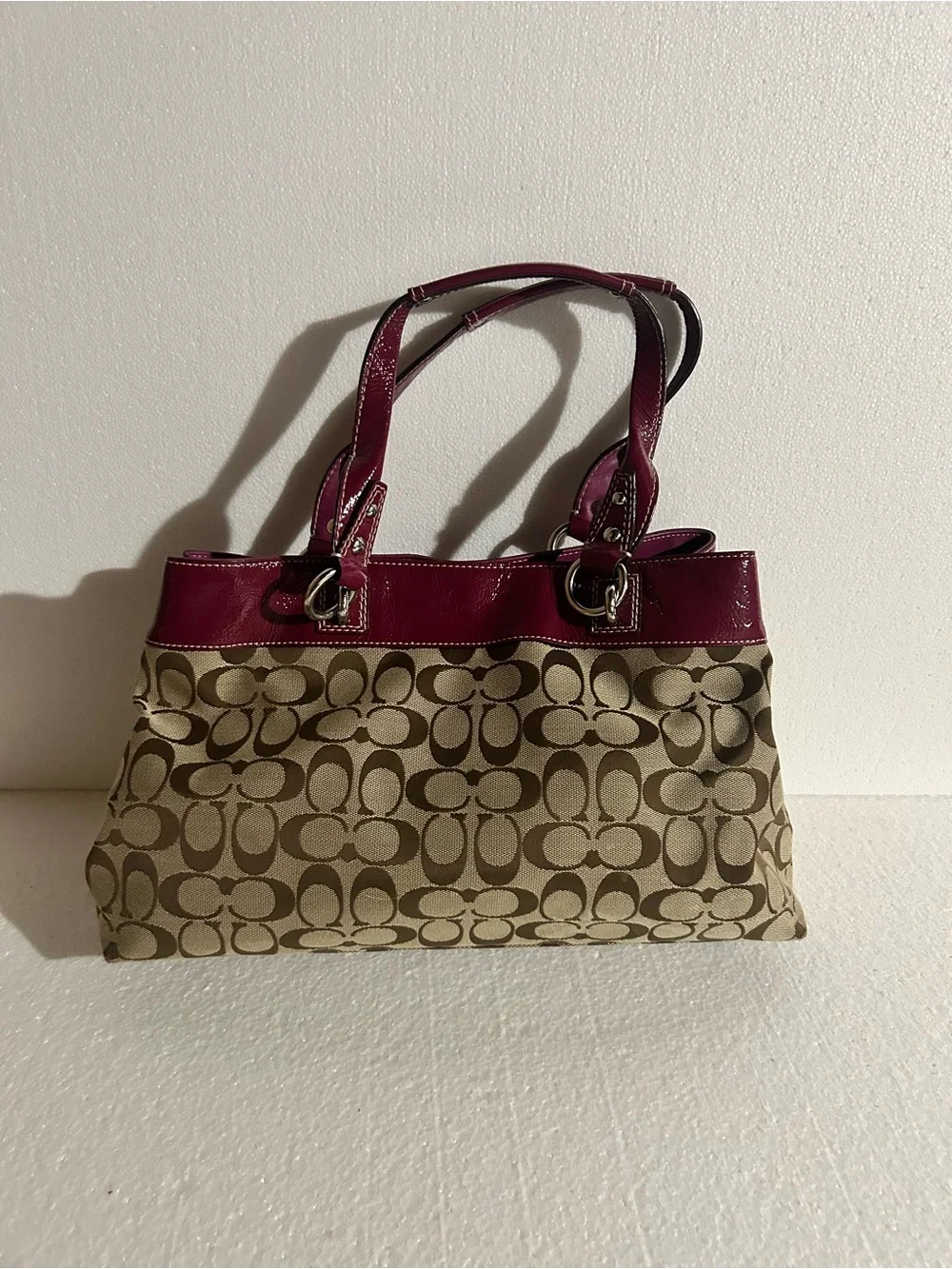Vintage 2010 Coach Signature Canvas Shoulder Bag with Magenta Trim